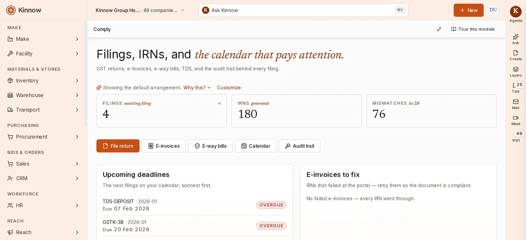 GST returns, e-invoices, e-way bills and every deadline in one calendar.